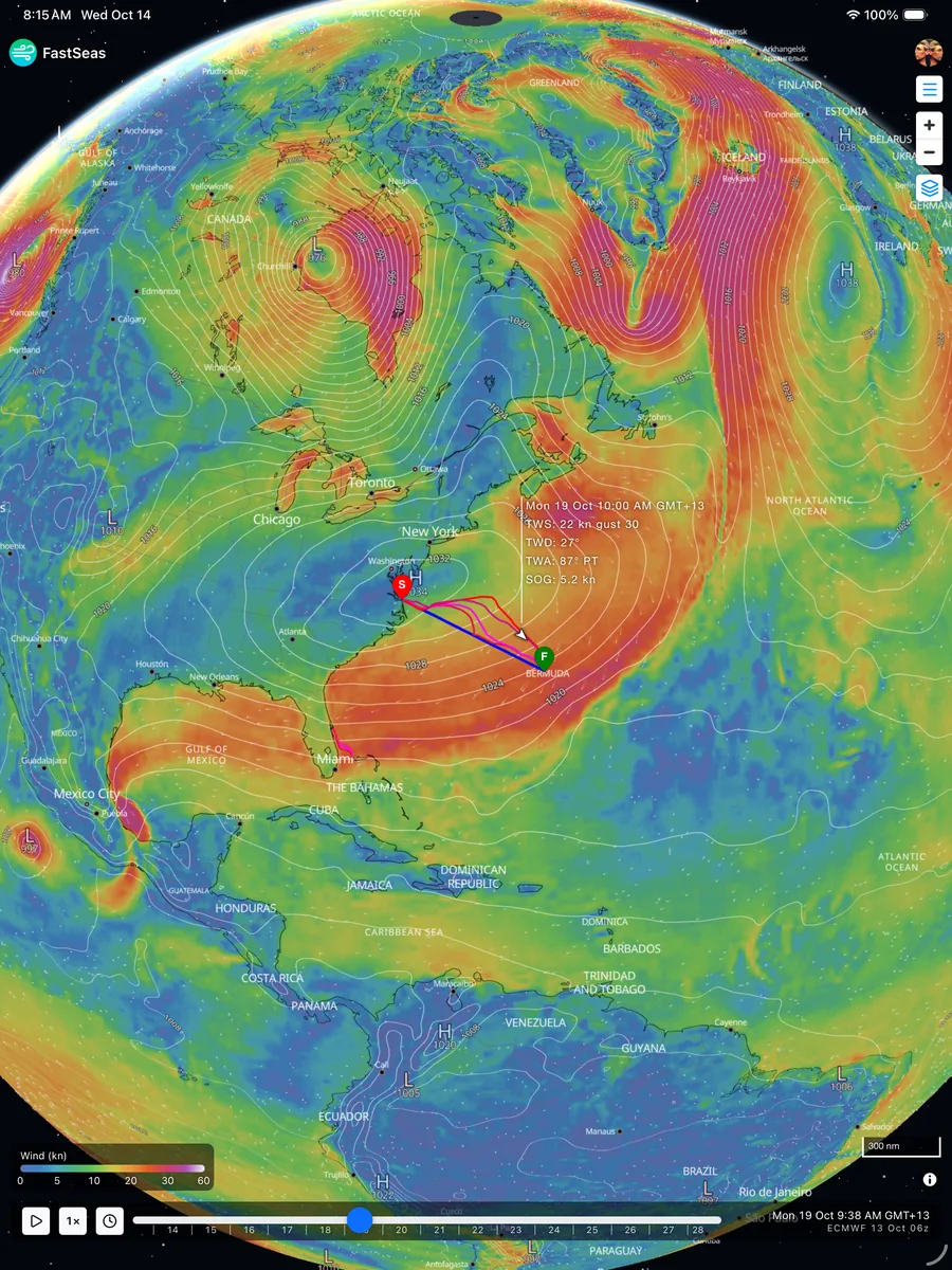FastSeas on an iPad: a route from the US East Coast to Bermuda on the wind map, with the wind legend and time slider.