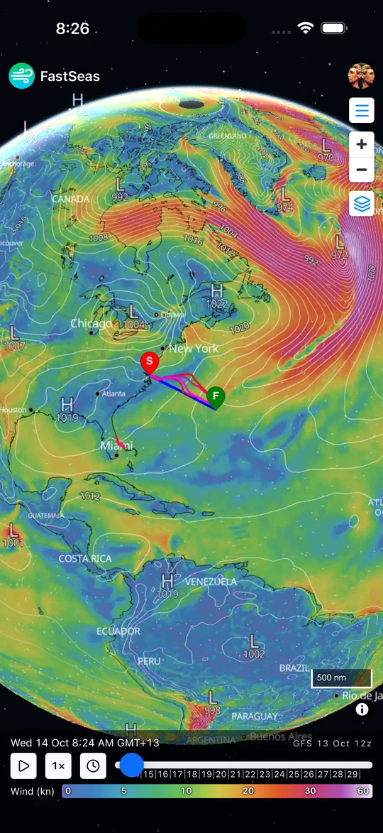 FastSeas on an iPhone: a route from the US East Coast to Bermuda on the wind map.