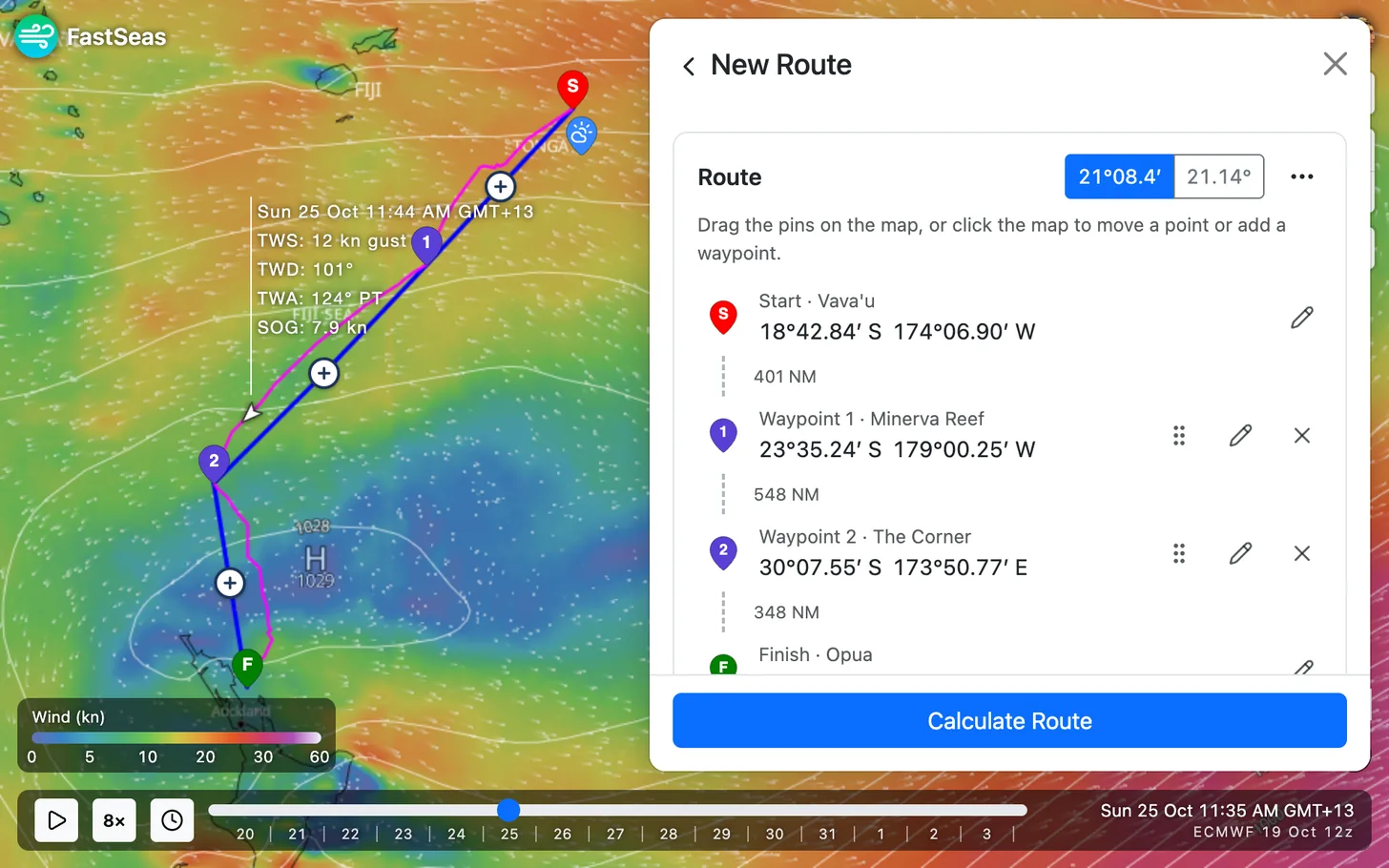 A route from Vava'u, Tonga to Opua, New Zealand through two waypoints, Minerva Reef and The Corner, with the route card listing the start, the two waypoints and the distance of each leg.