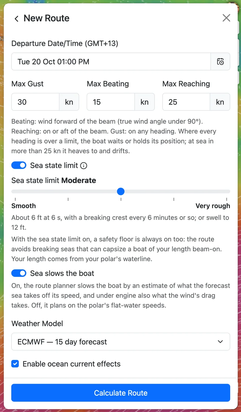 The new route panel: maximum gust, maximum wind when beating and when reaching, a sea state limit slider set to Moderate, the switch for the sea slowing the boat, the weather model (ECMWF) and the ocean current switch.